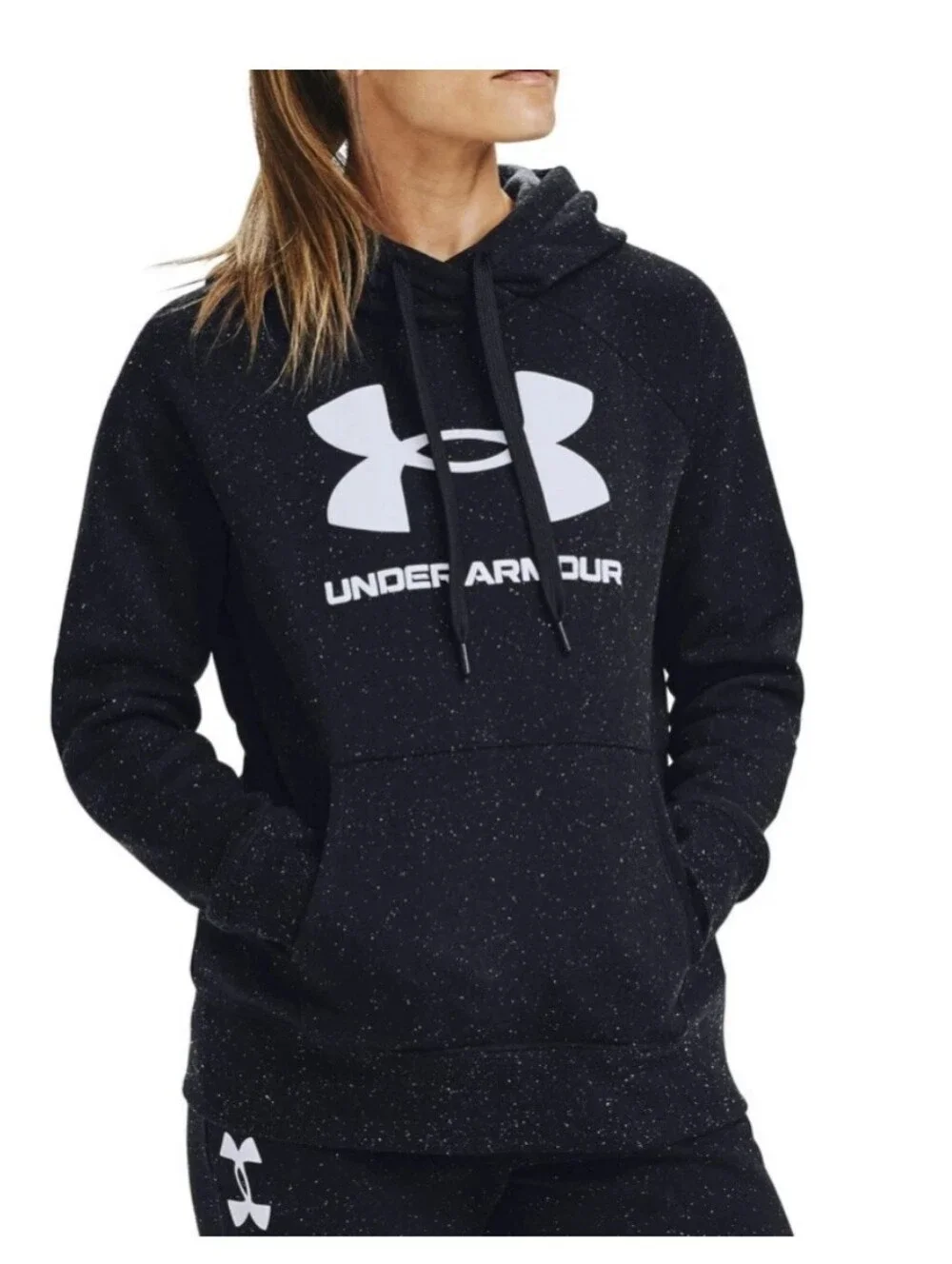 Under Armour Black Rival Speckled Fleece Logo Hoodie Pullover Sweatshirt Medium